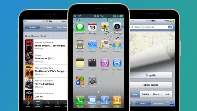 Three iPhones on a blue and green background running iOS 4