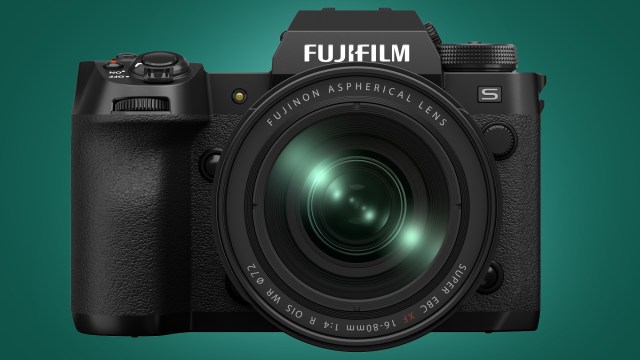 The Fujifilm X-H2S on a green background