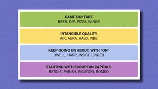 NYT Connections answers for game 599 on a purple background