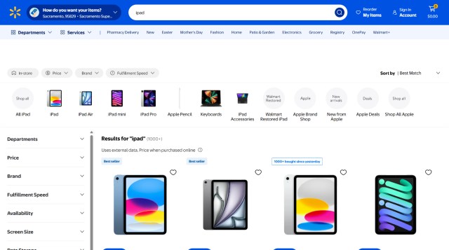 iPad search result page on Walmart website