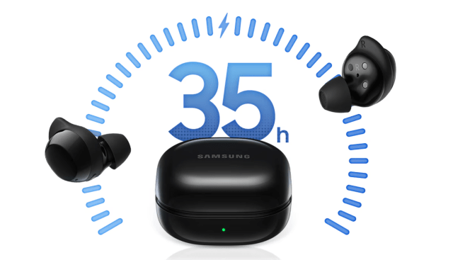Samsung Galaxy Buds Core in black, with a '35h' graphic in blue to denote improved battery life, on white background