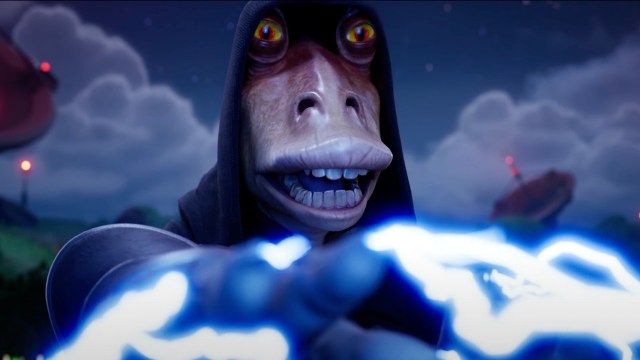 Darth Jar Jar fires force lightning from his fingertips
