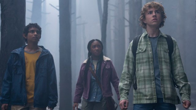 Grover, Annabeth, and Percy stand in a foggy forest in Percy Jackson and the Olympians' TV series
