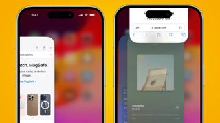 Two iPhones on an orange background showing apps being closed