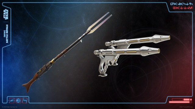Dual wield silver blasters and a new sniper rifle against a red, blue, and black background