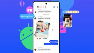 The Beeper Mini app on a phone showing messages and images from iMessage. A little android robot hides behind the phone with a chat bubble saying "Feeling Blue".