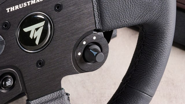 Close-up of dial switch on Thrustmaster TX Racing Wheel Leather Edition