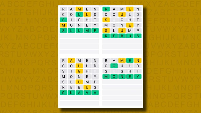 Quordle answers for game 1249 on a yellow background