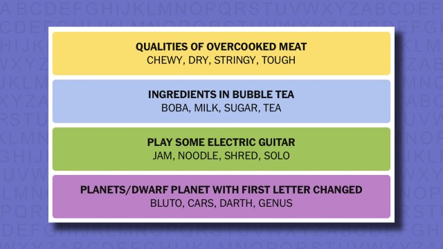 NYT Connections answers for game 693 on a purple background