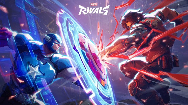 Captain America blocks a punch from Winter Soldier, sending blue and red sparks across both characters