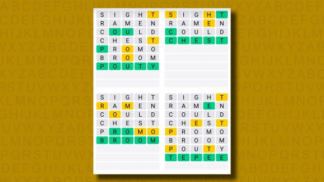 Quordle answers for game 1184 on a yellow background