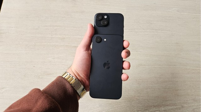 The iPhone 16e on top of the iPhone 15