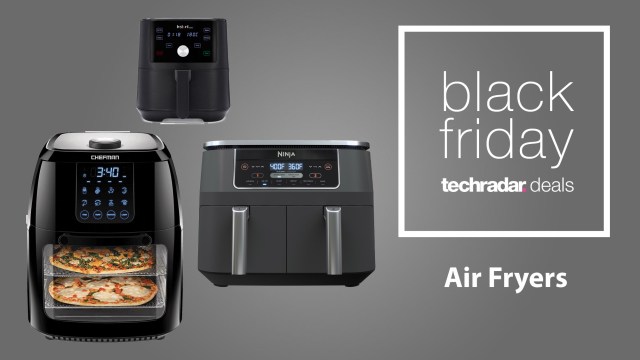 Three air fryers on gray background