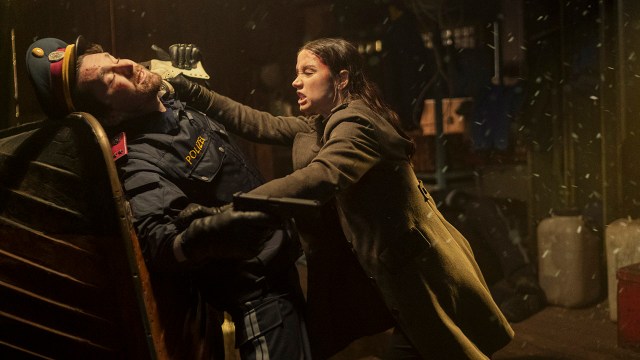 Eve stabbing an enemy with an ice skate blade in From the World of John Wick: Ballerina