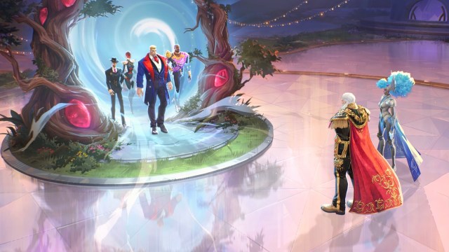 Magneto and Storm welcome other Heroes to the Hellfire Gala, as the guests arrive through a glowing blue portal