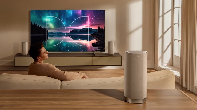 The TCL Z100 speaker behind a man watching TV