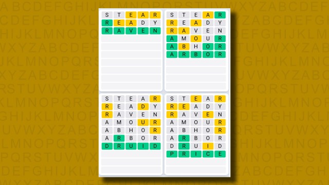 Quordle Daily Sequence answers for game 1252 on a yellow background
