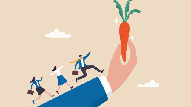 Incentive, reward or bonus to motivate employee on hard working to reach success, company benefit, job promotion or employee program concept, business people run on giant hand to grab carrot stick.