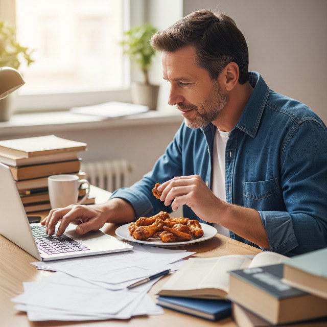 Man eating chicken wings at desk