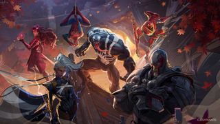 Scarlett Witch, Spider-Man, Storm, magneto, Venom and Peni Parker stand in a ruined city