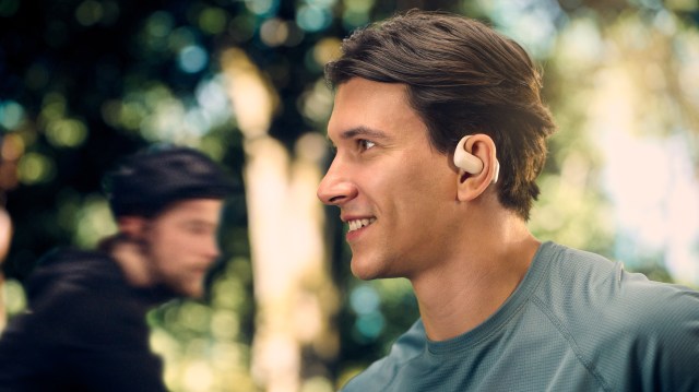 The Panasonic RB-F10 headphones being worn by a runner