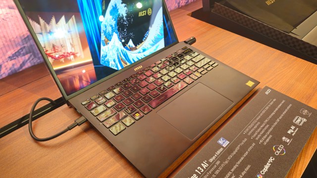 The MSI Prestige 13+ AI Ukiyo-e Edition laptop on display at Computex 2025
