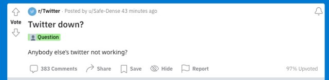 A post on Reddit about a Twitter outage