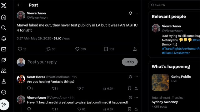A screenshot of an X/Twitter post from ViewerAnon discussing The Fantastic Four: First Steps LA preview screening
