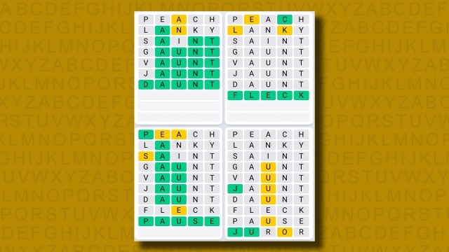 Quordle Daily Sequence answers for game 1249 on a yellow background