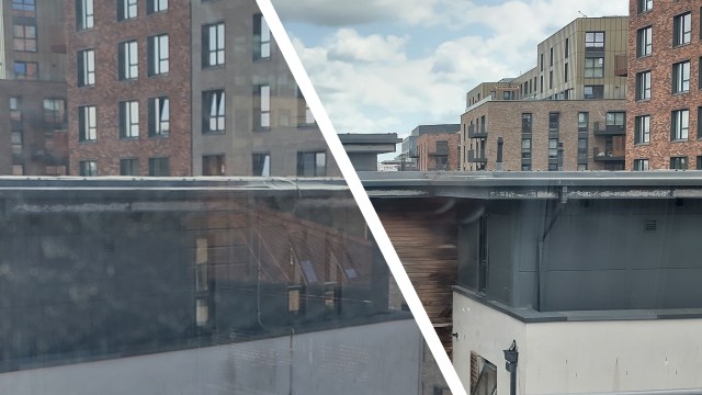 Split image showing window before and after cleaning with WinBot W2 Omni