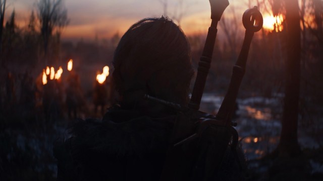 A shot of the back of Ciri's head, with her two sword hilts set against a shadowy background