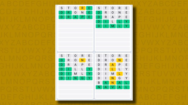 Quordle Daily Sequence answers for game 1262 on a yellow background