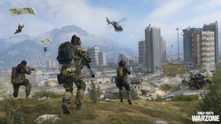 Operators stand looking out at the Urzikstan Warzone map