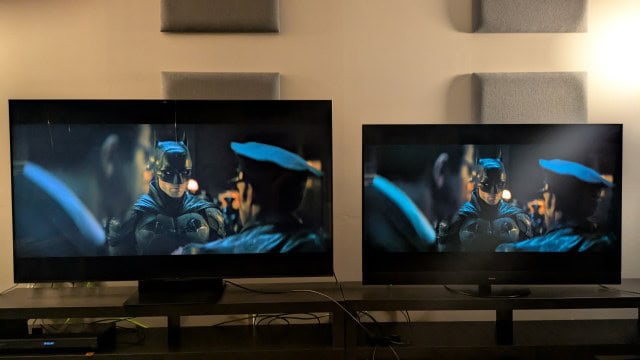 TCL C7K left and Panasonic MZ1500 right showing The Batman on screen