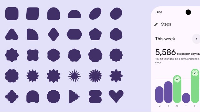 Google's screenshot examples for Material 3 Expressive designs, showing new colors, fonts, shapes, and motion effects