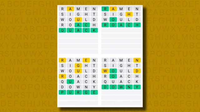 Quordle answers for game 1210 on a yellow background