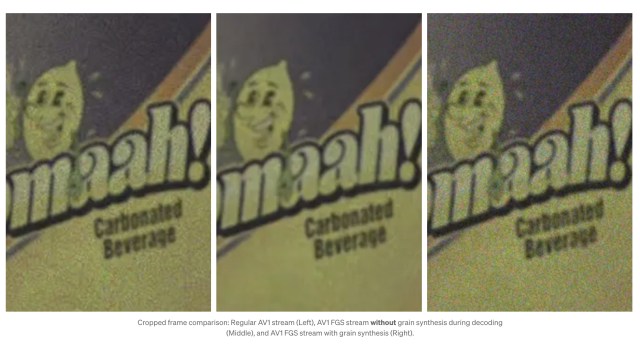 Three crops of a movie still showing the effect of Netflix's new AV1 FGS tech