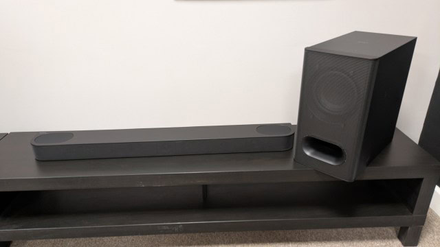 Sony Bravia Theater Bar 6 on dark wood stand