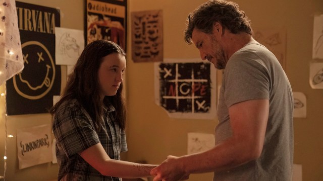 Joel inspecting Ellie's right forearm in The Last of Us season 2 episode 6