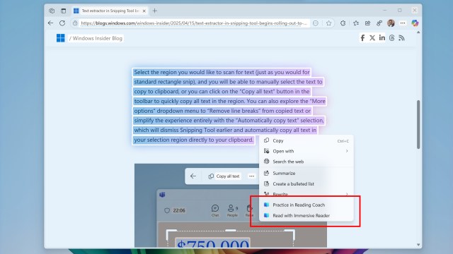 Windows 11 Reading Coach choice in Click to Do