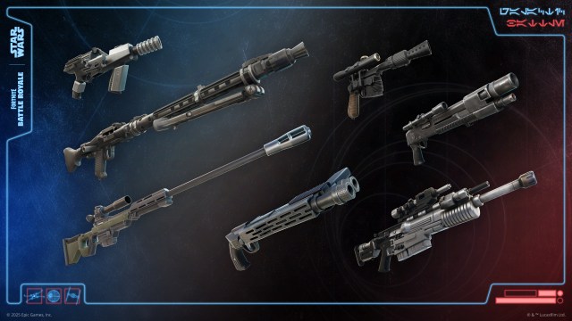 Blaster weapons lined up against a red, blue and black background