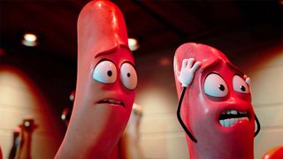A still from the movie Sausage Party of two animated sausage characters looking panicked