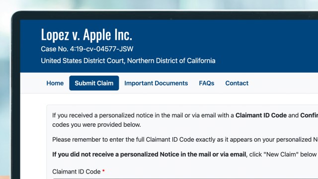 A laptop screen showing the claim form for the 'Lopez vs Apple Inc' lawsuit settlement