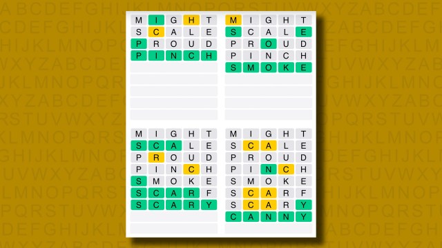 Quordle answers for game 1196 on a yellow background