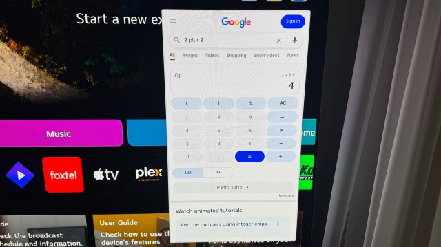 Web browser showing Google calculator on LG G5 OLED TV