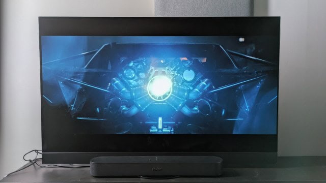 Sonos Beam connected to Panasonic Mz1500 displaying The Batman on screen