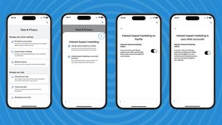 Screenshots of PayPal privacy settings on iPhone.