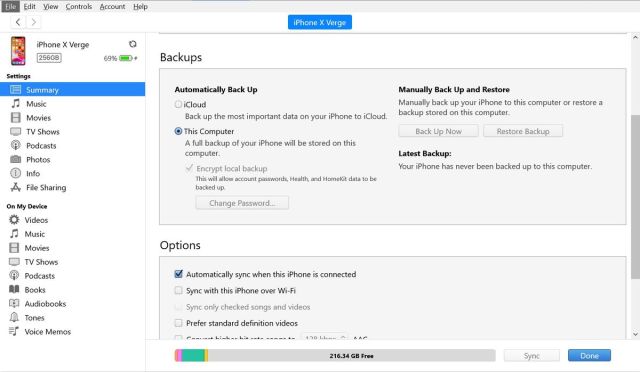 Using iTunes to change your backup from iCloud to this computer.
