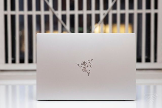 The Razer Book 13 seen from the back, open.