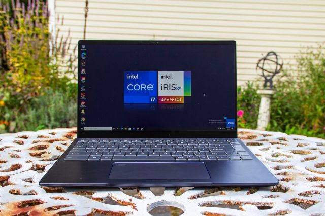 Intel’s Tiger Lake reference design on an outdoor table, from the front.